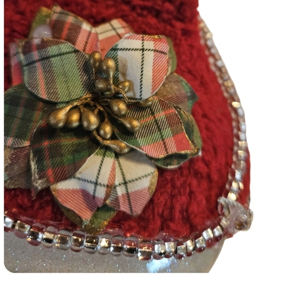 Handmade Glass Ornament Hand Painted Iridescent glitter Upcycled red sock hat - Picture 4 of 17